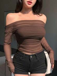 Blusa elástica de malla transparente con hombros descubiertos, para primavera/verano - Óxido marrón - Ver 6