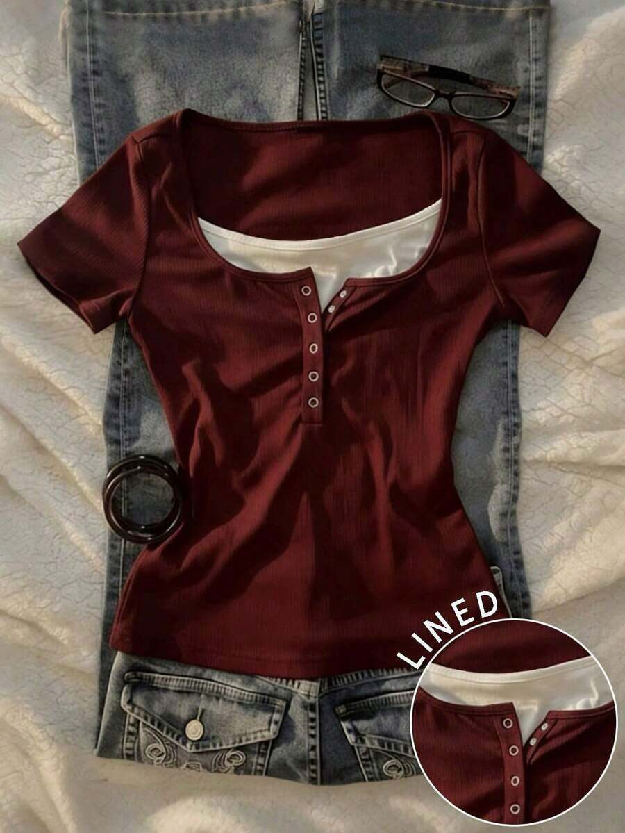Camiseta de manga corta con cremallera frontal de 2 vías y adorno de encaje para mujer - Multicolor 16 - Ver 1