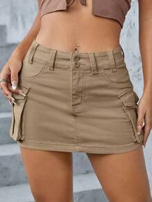Minifalda de tela vaquera de tiro bajo, de moda para el verano - Caqui 2 - Ver 3