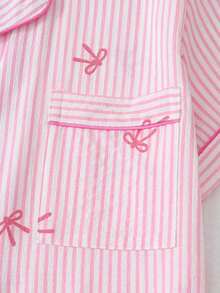 2 piezas Conjunto de pijama con top de manga corta con bolsillo y lazo, y shorts cómodos a rayas azules con cuello en forma de corazón, adecuado para uso en casa, primavera/verano - Rosa - Ver 4