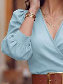 Blusa corta de mujer con cuello en V, manga de pétalo con lunares, cintura ceñida, nueva para primavera/verano - Azul - Ver 5