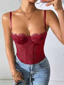 1 pieza Parte superior corta ajustada con adorno de encaje de moda para mujer, top corset de Body ceñido sexy, adecuado para fiesta, viaje, reunión, Navidad, San Valentín, Halloween, verano casual - Burdeos - Ver 5