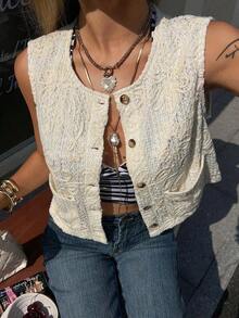 Chaqueta ajustada sin mangas de cuello redondo de unicolor para mujer, primavera/verano - Albaricoque 3 - Ver 4