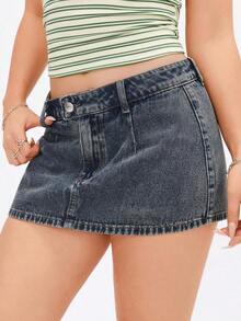 Minifalda de jean de moda con decoración de botón en la cintura para mujer - Azul lavado oscuro 3 - Ver 1