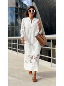 New Casual Loose Beach Vacation Cover-Up Lace Shirt - White - View 8