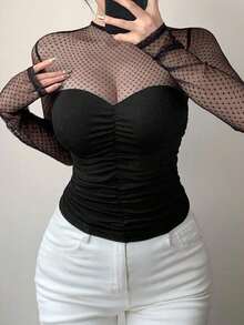 Blusa corta de manga corta de malla transparente elegante y ajustada para mujer, con parches de lunares de malla, ideal para primavera y verano, de uso versátil para San Valentín, boda, fiesta, banquete - Negro 2 - Ver 5