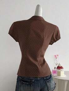Camisa de mujer con cuello en V, cintura fruncida y manga corta, color blanco, para primavera/verano - Marrón - Ver 2
