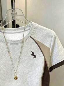 Camiseta casual de mujer con cuello redondo y estampado de unicornio en contraste de color - Multicolor 5 - Ver 5