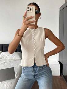 Camisas sin mangas de unicolor de tela texturizada con abotonadura, para verano - Albaricoque - Ver 6
