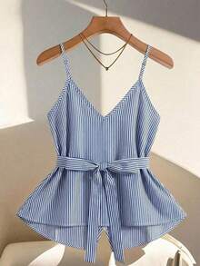 Camiseta sin tirantes casual de mujer con decoración de botones a rayas - Azul - Ver 2