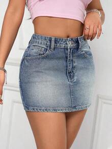 Minifalda vaquera casual de uso diario para mujer con bolsillos y botones - Azul lavado medio - Ver 4