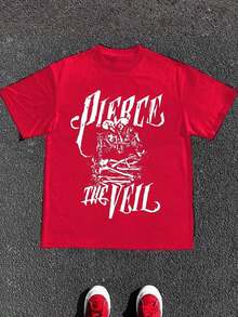 Free Shipping On New Pierce Veil T-Shirts, Versatile 230g Pure Cotton Printed T-Shirts With Letter Pattern, Perfect For A Retro Look, Women's Tops. - 紅色 - 查看 12