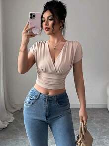 Camiseta casual de mujer con cuello en V y cruce en la cintura - Caqui - Ver 8