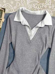 Blusa casual de manga larga con cuello de contraste y diseño 2 en 1 para mujer - Gris - Ver 3