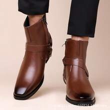 New Men's High Heel Leather Boots, Retro Western Cowboy Boots With Metal Buckle Strap And Side Zipper, Elevated Formal Boots, British Style - Brown - View 7