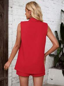 Conjunto de chaleco y pantalones cortos casuales para mujer, atuendo para ir al trabajo - Rojo - Ver 7