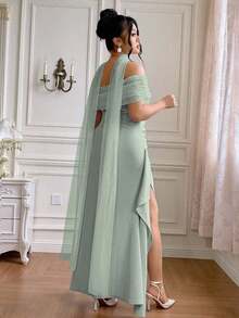 Vestido largo de fiesta elegante y ajustado con hombros descubiertos y abertura para mujer de talla grande, ideal para fiestas navideñas y ocasiones formales.Disponible en azul marino. - verde menta - Ver 2