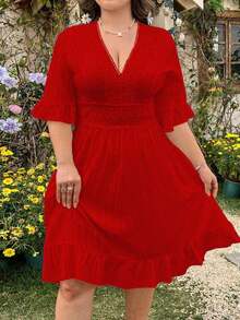 MOOSTA Vestido diario de talla grande para mujer de unicolor y escote en V, para el Año Nuevo, vacaciones y playa - Rojo - Ver 7