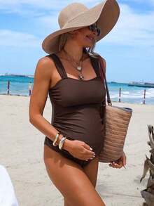 Momance 1 pieza Traje de baño de una sola pieza de unicolor con tirantes finos para maternidad, de moda para el verano - Marrón 2 - Ver 5