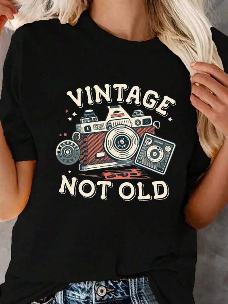 Camiseta con estampado de cámara vintage, top casual de manga corta y cuello redondo para primavera y verano, ropa de mujer, Mujer Casual.