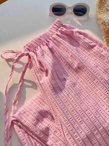 Pantalones Largos Para Mujer Con Estampado De Leopardo Y Cordón De Ajuste - Rosa - Ver 4