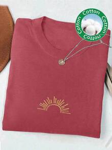 Women's Short Sleeve T-Shirt With Round Neck And Beach Sun Embroidery - 紅木色 - 查看 5