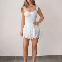 Women's Floral Embroidery Ruched Waist Elegant Mini Dress, Suitable For Dates And Parties - Blanco - Ver 5
