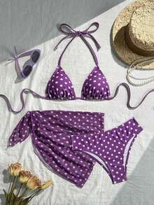 Conjunto de 3 piezas de bikini sexy con estampado de lunares, con parte superior de cuello halter y espalda descubierta, para vacaciones en la playa.Incluye bikini, falda y traje de baño con estampado de lunares. - Morado - Ver 4