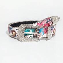 1pc Asymmetrical Flower Embossed Gold Tone Carved Metal Buckle Waist Belt, Versatile Accessory For Women - Multicolor Rhinestones - View 6