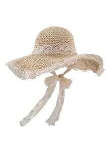 1 pieza Sombrero de sol ancho con borde de encaje estilo bohemio para mujer con cinta para atar, protección UV para verano, plegable y portátil, multiusos para playa, viajes, vacaciones y festivales - Multicolor 2 - Ver 12