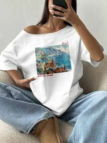 Camiseta de manga corta  para mujer, holgada, con hombro asimétrico, diseño de paisaje urbano, estilo oversize, para verano y ocio. - Blanco - Ver 7