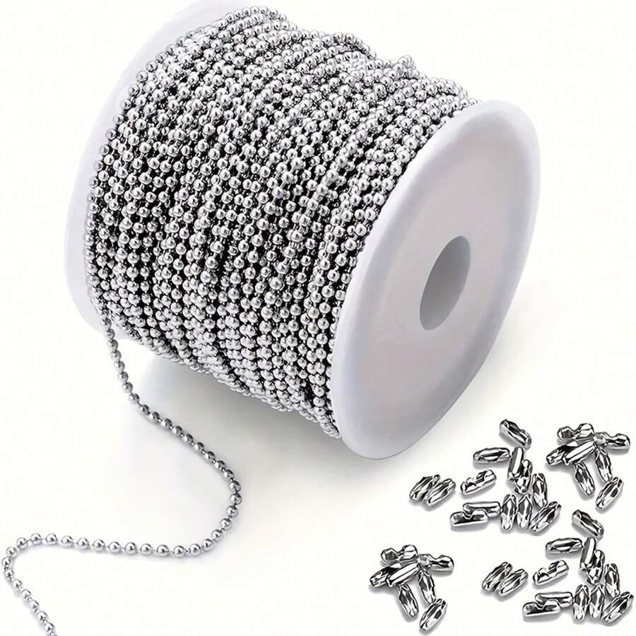 16.4ft Beaded Chain, Size 3, With 20 Connectors, Designed For Dog Tag Necklace, 2.4mm Beads, 5m Roll. 1m/Bag With 5 Clasps Available - Beaded Necklace - View 1
