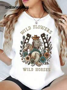 Image Of A Cowgirl Riding A Horse Surrounded By Horseshoes And Wildflowers Symbolizing Freedom And Inner Strength. Women's T-Shirt, 100% Cotton, Comfortable And Modern. - 白色的 - 查看 9