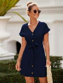 Vestido con cinturón con botón de manga murciélago con doble bolsillo - Azul marino - Ver 1