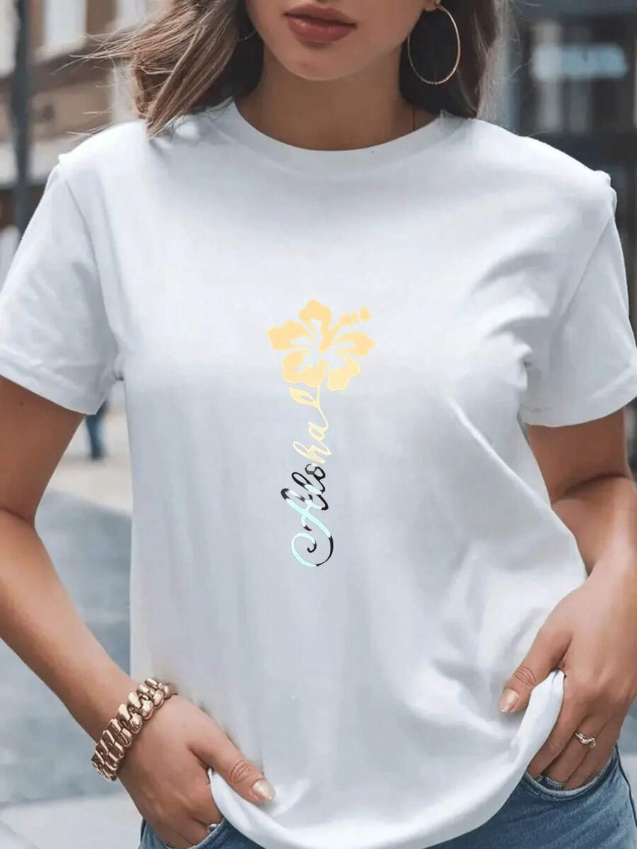 Camiseta Blanca para Mujer, Estampado Floral Aloha, Ropa Casual de Verano para Playa, Top de Moda Urbana - Blanco - Ver 1