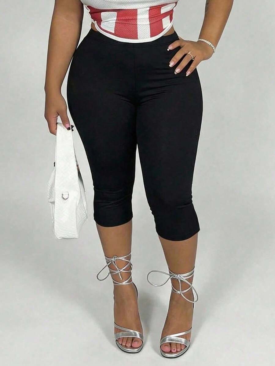 Quần legging lửng co giãn dành cho nữ cỡ lớn, thích hợp mặc tập yoga, thể thao, màu trơn, kiểu quần lửng, quần tập yoga lửng màu đen. - màu đen - Xem 1