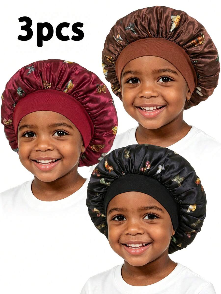 Awegeo 3pcs Kids Butterfly Print Wide Elastic Band Bonnets, Comfortable Daily Wear Sleep Hats - 3Pcs-set2 - View 1