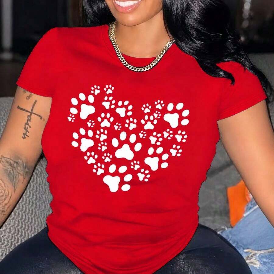 Plus Size Women's Vintage Casual T-Shirt With Round Neck And Heart And Paw Print Design, Stretch Cotton Fabric, Fashion Top For All Seasons. - 紅色 - 查看 1