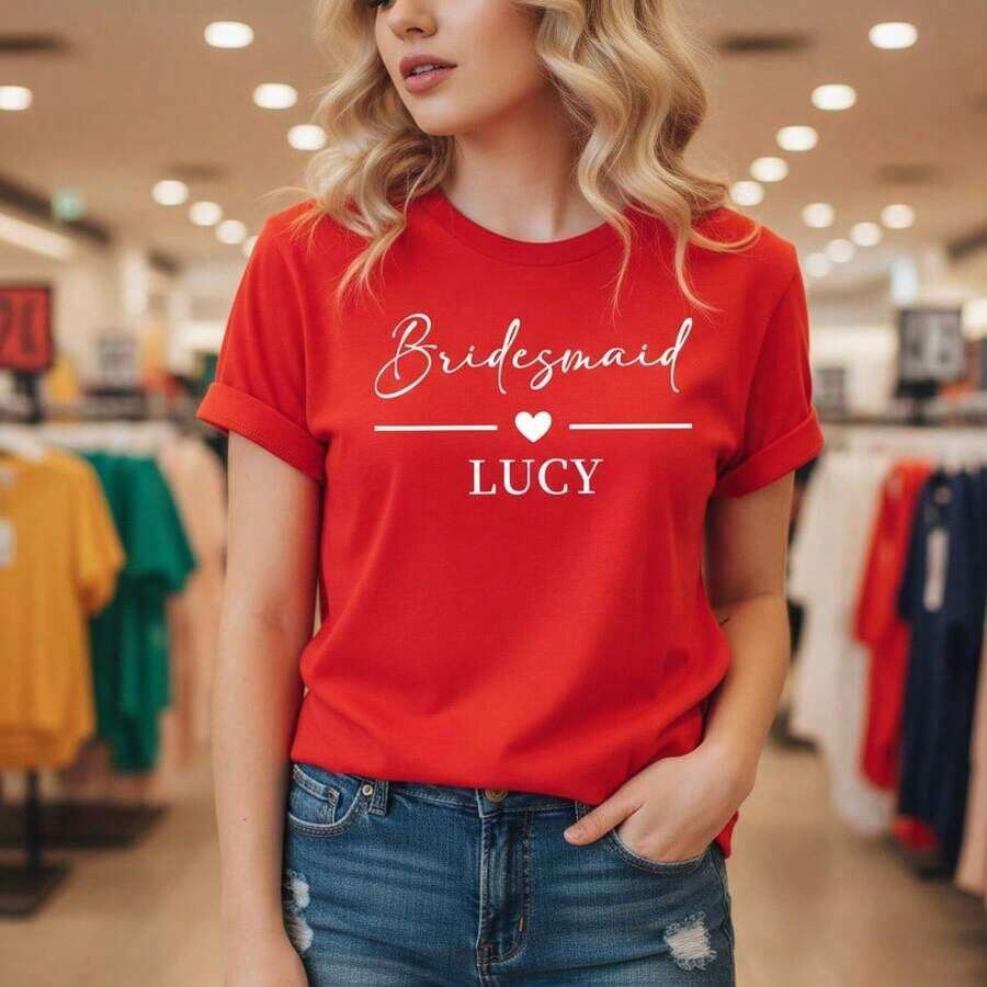 Vintage Pure Cotton Bridesmaid T-Shirt With Personalized Name "Lucy" - Short Sleeve, Crew Neck, Casual Style, Soft And Comfortable, Loose Fit, Perfect For Bachelorette Parties, Wedding Events, Bridal Shower Gift, BlackFashion - 紅色 - 查看 1