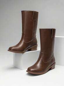Women's Riding Boots Square Toe Retro Banana Boots Chunky Block Heel Pull-On Vintage Fashion Knee-High Boots - 巧克力棕 - 查看 4
