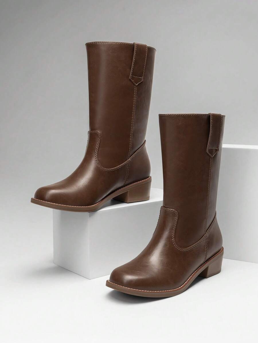 Women's Riding Boots Square Toe Retro Banana Boots Chunky Block Heel Pull-On Vintage Fashion Knee-High Boots - Chocolate Brown - View 1