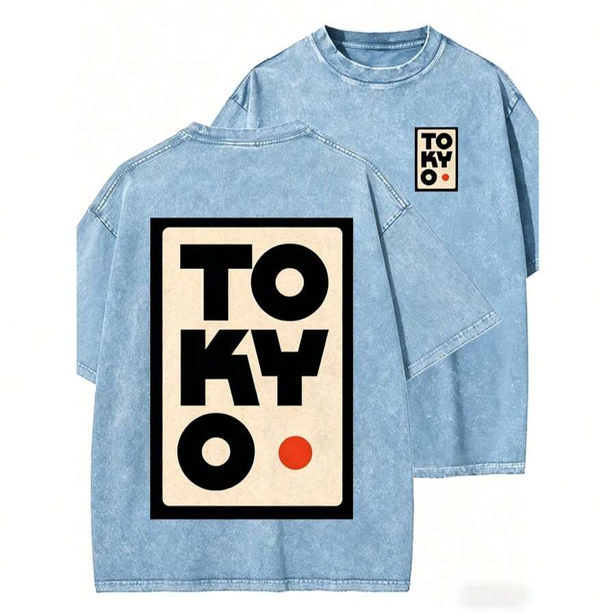 Vintage Washed Grey Front Back TOKYO Letter Print Tee, Retro Distressed Oversized Short Sleeve T-Shirt, Men Women Streetwear Casual Loose Cotton Top - 淺藍色 - 查看 1