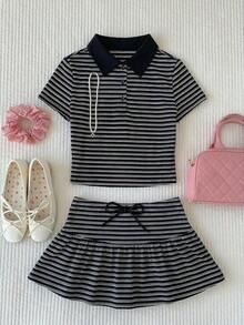 Conjunto de 2 piezas de camiseta de manga corta a rayas y minifalda de moda casual para mujer, primavera/verano 2026.Ropa de mujer de verano, conjunto de playa para el Día de San Valentín, estilo Y2K en color rosa claro - Blanco y Negro - Ver 4