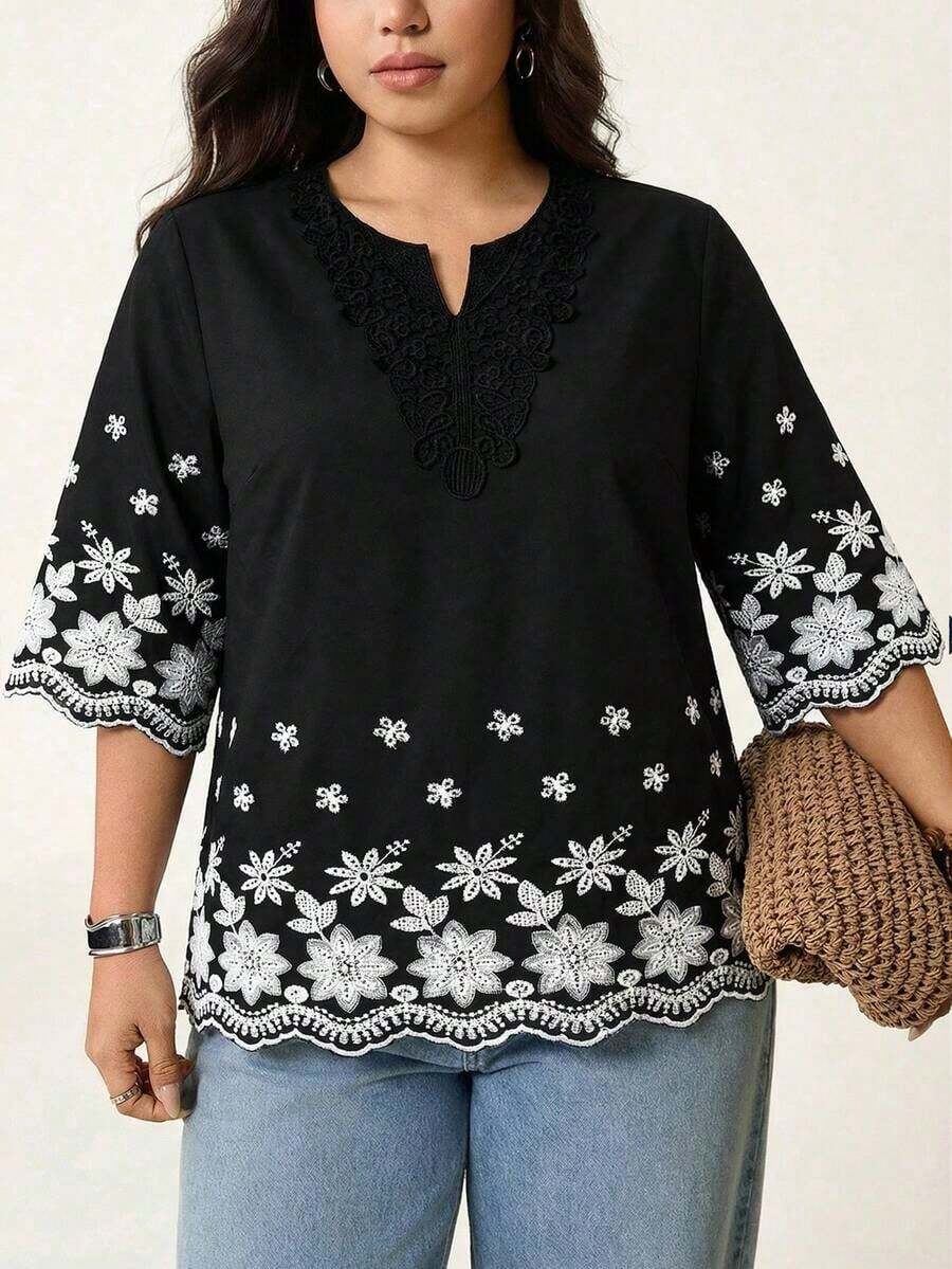 Blusa de verano de talla grande, de unicolor, hueca, bordada, casual, para vacaciones, temporada de bodas, nuevo diseño de playa para mujer - Negro - Ver 1