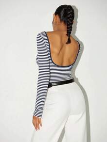 Bodysuit Lengan Panjang Seksi & Modis dengan Leher Bulat dan Punggung Terbuka, Motif Garis-garis Lebar Penuh, Serbaguna untuk Pemakaian Sehari-hari dan Bepergian, Koleksi Baru Musim Semi/Panas - Blue and White - View 2