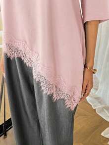 Camiseta casual de mujer con dobladillo asimétrico de encaje de unicolor, uso básico diario, blusa casual de primavera/verano para vacaciones de mujer, vacaciones de verano para mujer, primavera para mujer, vacaciones de primavera, top para ir - Rosa Pálido - Ver 3