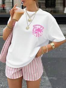 Versatile Summer Casual Sports T-Shirt For Women, With Palm And Sun Print, Sweet And Fresh Vintage Style, Ideal For Beach Vacations, Daily Wear At Home, Outings Or As A Fashionable Gift. - 白色 - 查看 2