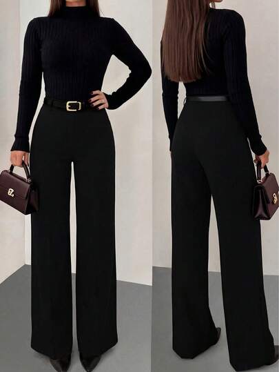 Pantalones rectos de unicolor, elegantes, para vacaciones y uso diario, de talla grande, color negro