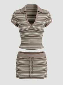 Bộ đồ hai mảnh dệt kim kẻ sọc VINOVA dành cho nữ, áo crop top và chân váy mini kiểu vintage, phong cách Y2K dễ thương, phù hợp cho tiệc tùng, câu lạc bộ, kỳ nghỉ, hẹn hò. - Rỉ Nâu - Xem 3