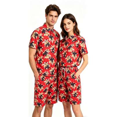 Bộ 2 món (Áo + Quần) nam kiểu dáng rộng rãi, in họa tiết Hawaii, tay ngắn, thích hợp mặc mùa hè.